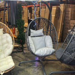 New As Is !! Wicker Swinging Chair with Stand, 350Lbs