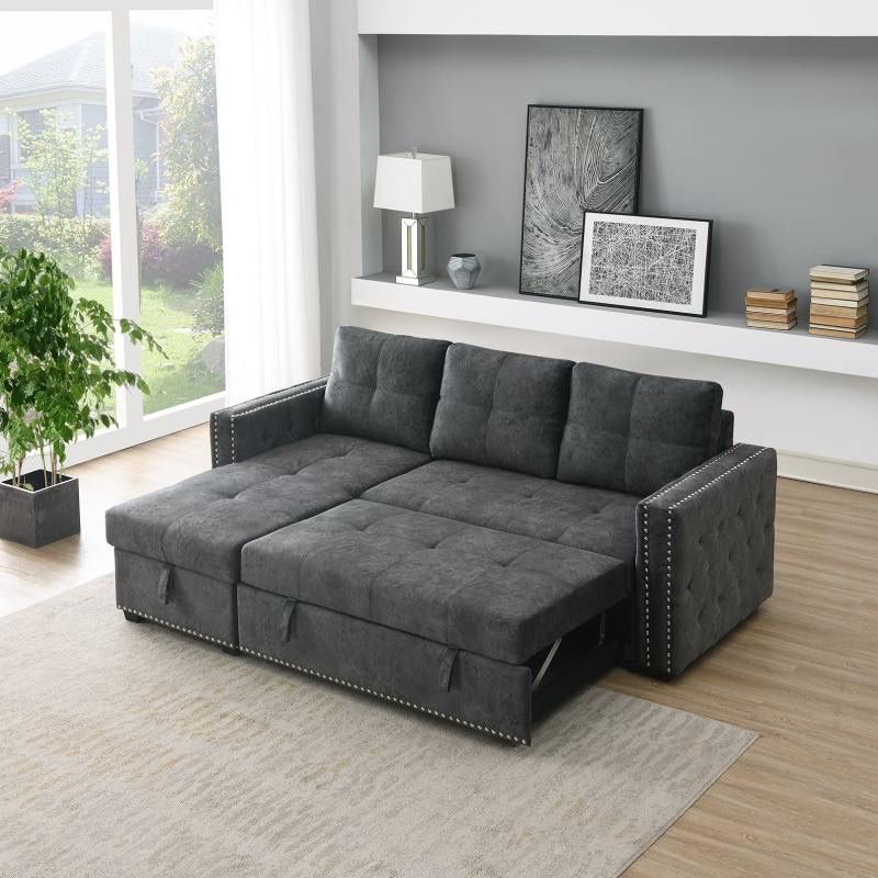 Black color Velvet Sleeper Sofa Sectional Sofa Bed with Storage