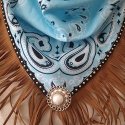 Fringed Blue and Brown Bandana Scarf