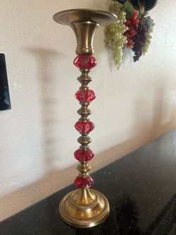 VTG Brass & Red glass Candlestick Pillar 13” see pics for descriptions