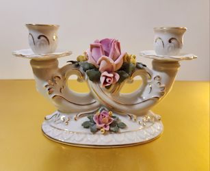 Antique Dresden Porcelain Pink Rose Double Candle Stick Holder