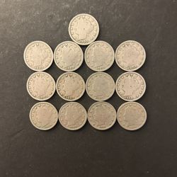 Coins – Liberty V Nickels  – 1900/01/02/03/04/05/06/07/08/09/10/11/12 -all Philadelphia mint– total 13 Coins
