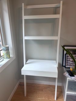 White Leaning Shelf with Built-In Desk