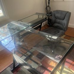 Black Metal And Glass Workstation/Desk w/Chair and Floor Protector
