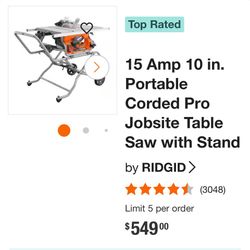 Rigid Table Saw With Work Haul 2 Wheel Stand