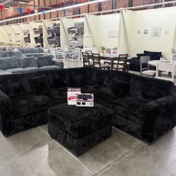 Stylish Black Sectional Sofa With Ottoman Fur- Like Jumbo Corduroy 