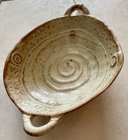 Free-Form Ceramic Bowl with Handles 9.5"x7" NEW