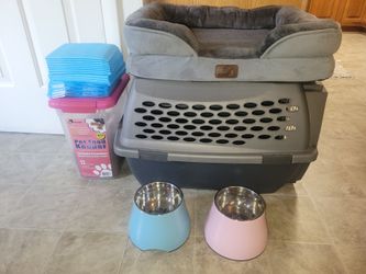 Dog/Cat bed, bowls, food container, pee pads