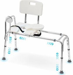 Sliding Bathtub Shower Chair,Tub Transfer Bench,300LBS Capacity Adjustable Bench for Seniors,Non-slip Foot Mats, Cut-out Seat & Safety Belt, Reversibl