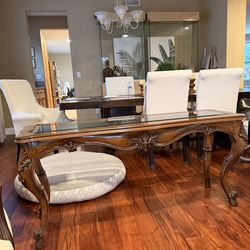 Vintage Glass-Top Coffee Table – Carved Wood Base