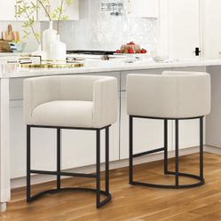 Lue Bona 26”  Set Of 2 Low Back Barstools With Metal Frame Counter Height Linen  Upholstered Counter Stool 