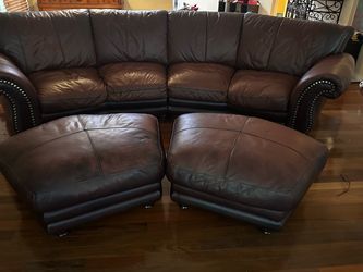 Brown Leather-Look Sofa with 2 Matching Ottomans