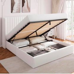 Full Size Lift Up Storage Bed, Upholstered , Hydraulic System, White J-21