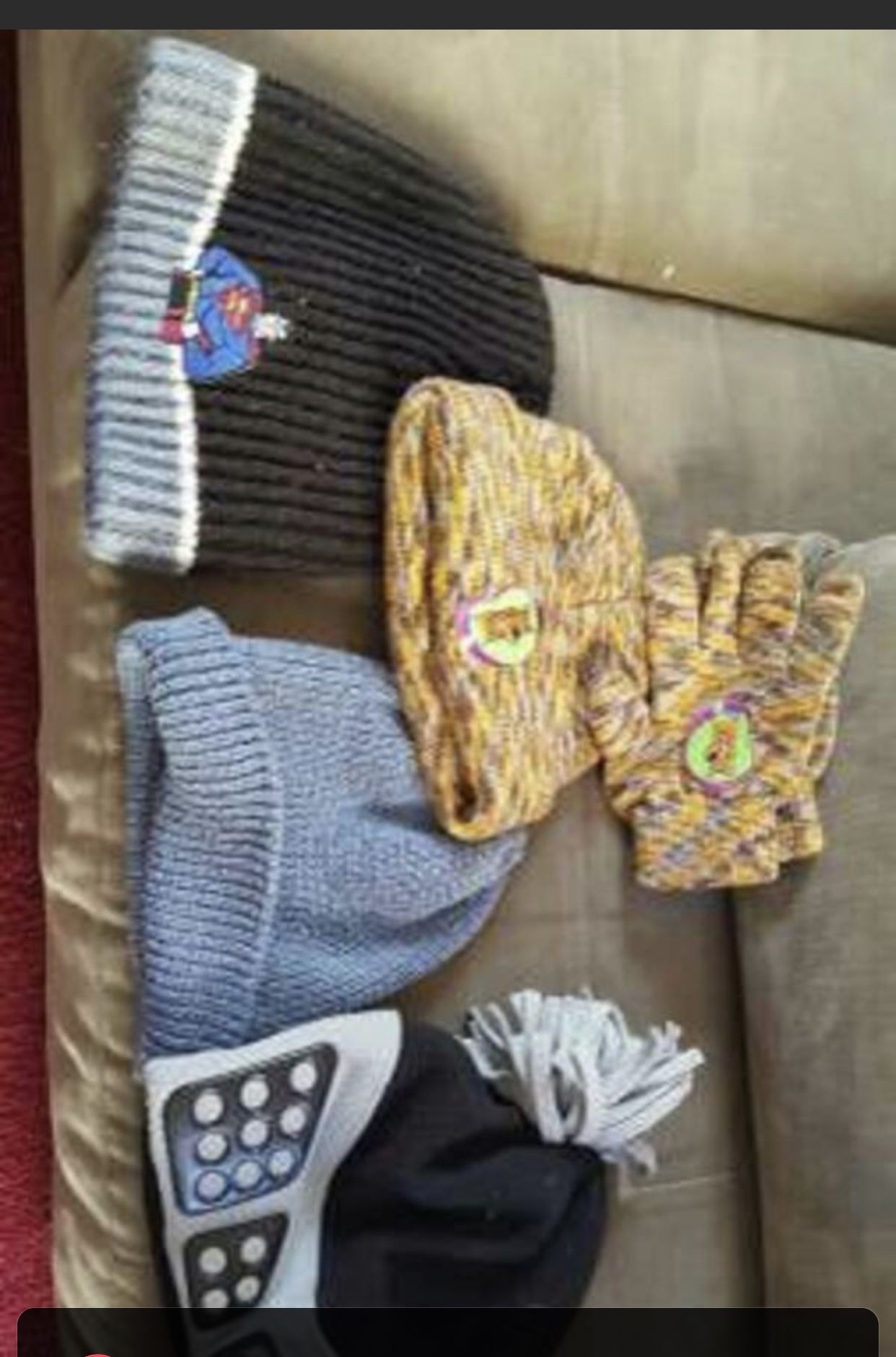 Kids winter boots, hats, and gloves