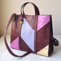 Fossil Carmen Shopper Tote Satchel Crossbody Bag Wine Leather Patchwork 12x11