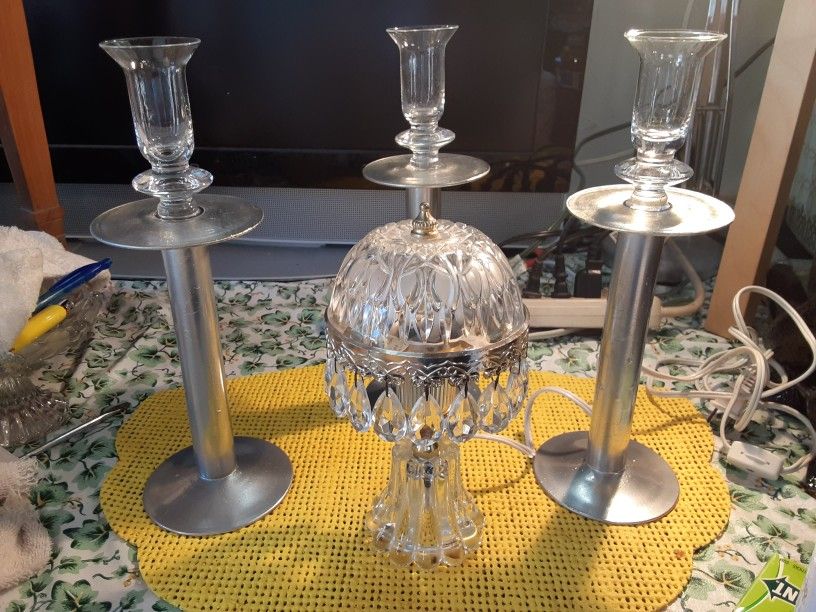 REALLY NEAT LOOKING  PIECES THE LAMP Is  9,INCHES Tall  THE  3 CANDLE HOLDERS ARE 12INCH TALL 