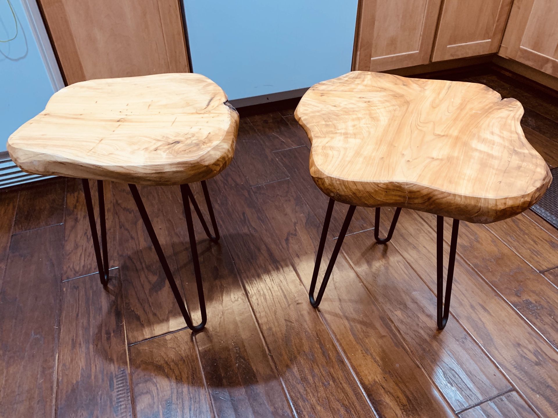 Brand new cedar wood/iron legs side tables. ~15”x~14”x16” Pet/smoke free home.