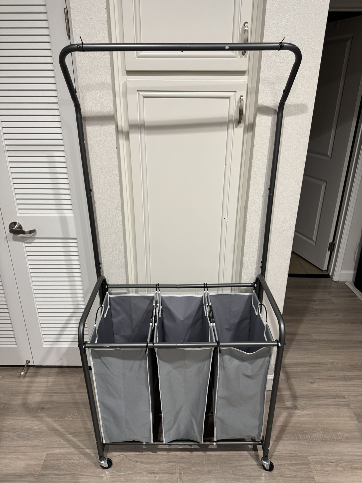 3-Bag Rolling Laundry Sorter Hamper with Hanging Bar – 66.5” Tall