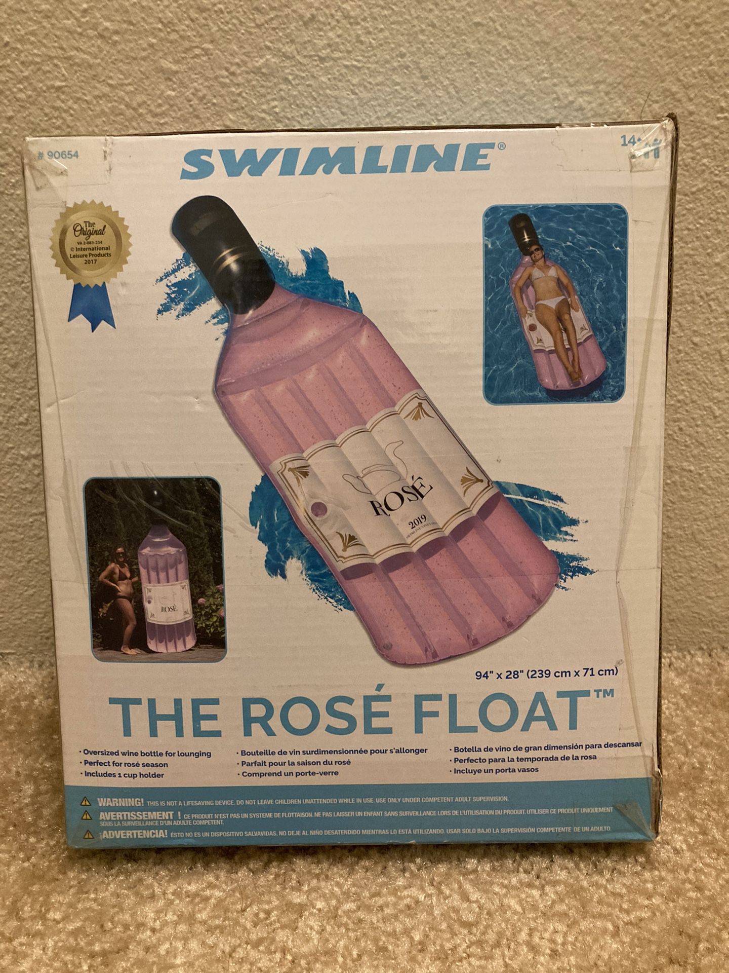 Box Opened - Swimline The Rosé Float Inflatable 94” Adult Wine Bottle Pool Air Mattress Raft Lounge
