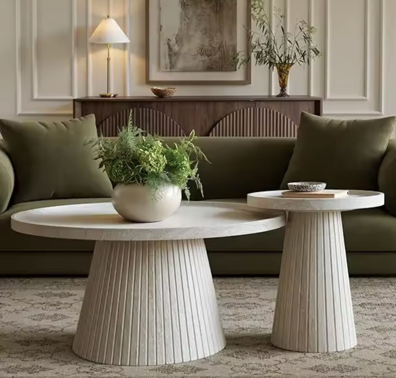 Nesting Coffee Table Set of 2, Mid Century Modern Coffee Table with Wood Grain Veneer, Fluted Round Tea Table and End Table Set, Minimalist Center Tab