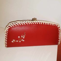 NEW VINTAGE RED LEATHER GOLD CHERRY BLOSSOM FLOWER COIN CARD ORGANIZER PURSE WALLET WRIST HANDBAG WRISTLET