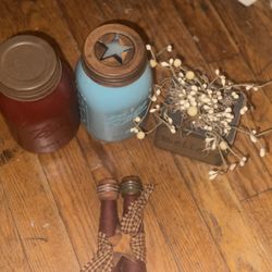 Country Lot 2 Mason Jars With Rustic Kids added, Spool Shelf Sitter And Wooden Box Says “believe” Decorated Country 