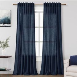 Navy Blue Linen Blend Drapes 84 Inch Length 2 Panels Set Back Tab Rod Pocket Light Filtering Semi Sheer Textured Indigo Blue Curtains Boho Farmhouse D