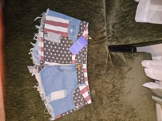 NWT Chouyatou American Flag Patchwork Distressed Denim Cutoff Shorts - Size L