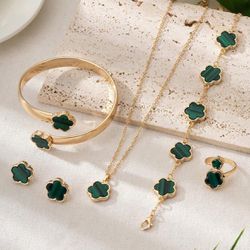 Lucky Clover Bracelet, Necklace, Earrings, Chain Bracelet & Ring Set