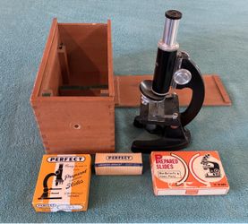 Vintage Edmund 300X Microscope w/ Original Wooden Box plus 2 Boxes of Prepared Slides