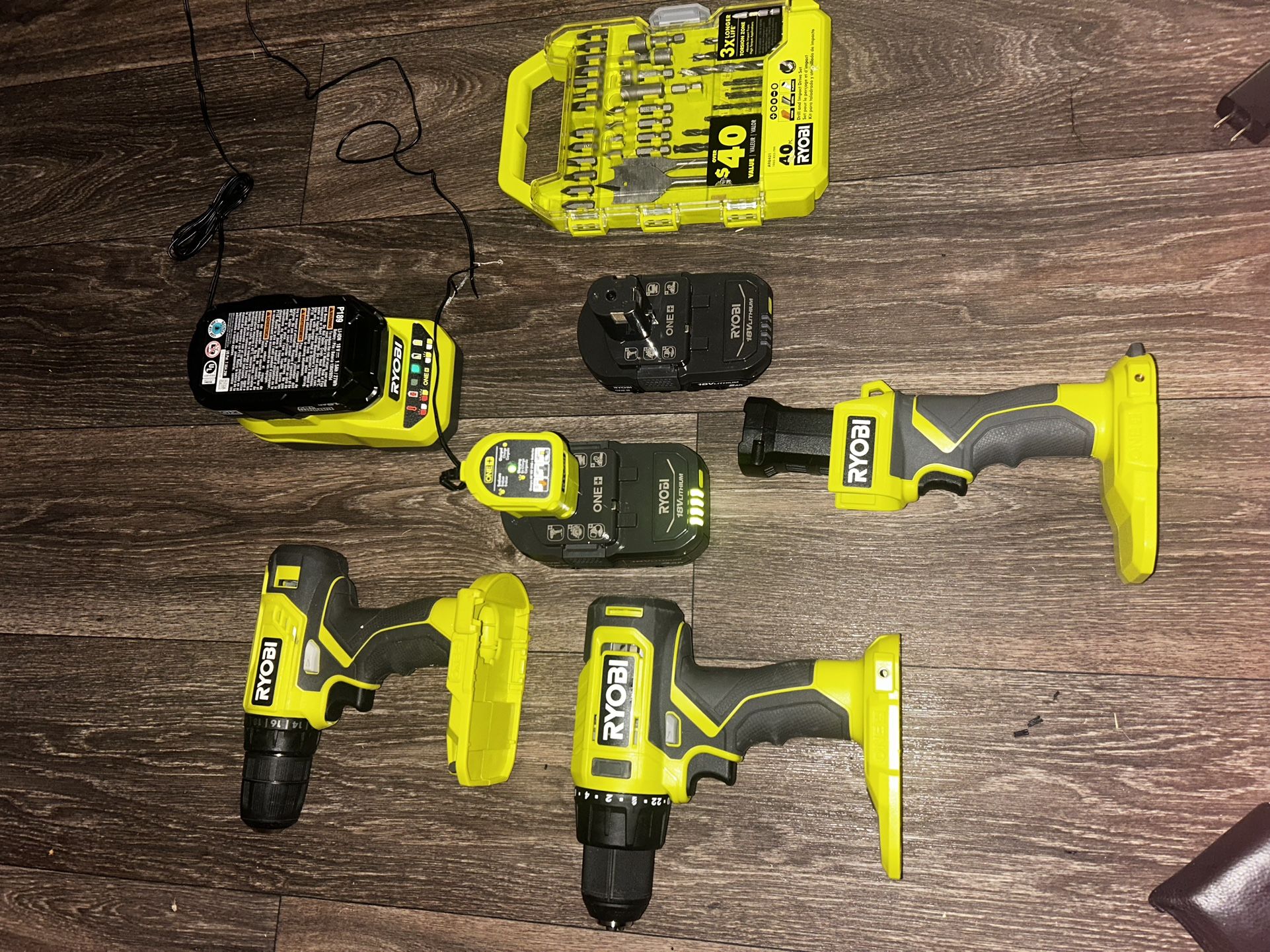 RYOBI Cordless One- 2 Drills, Flashlight, 3 Batteries, 2 Chargers, 40 Piece Bit Set