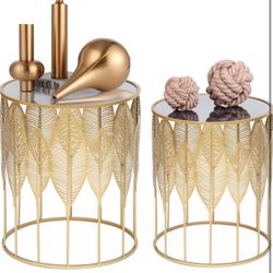 End Tables Set of 2- Gold Round Coffee Tables Leaves Nightstands Stools- Accent Nesting Side Tables for Living Room Bedroom and Entryway