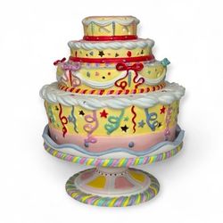 PartyLite Whimsical Ceramic Birthday Cake Colorful Tiered Tealight Candle Holder