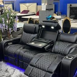  2 Piece Power Reclining Original Black Leather with LED Light Living Room Set