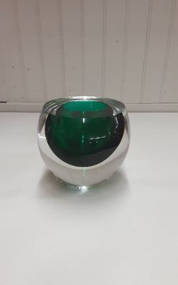 Kosta Boda Heavy Lead Crystal Round Green/ Clear Vase W/ Flat Rim- Located In Shelton 