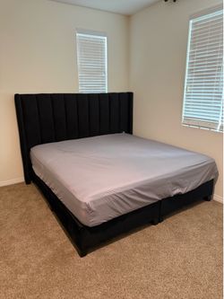 Black Upholstered Bed Frame with Wingback Headboard king size