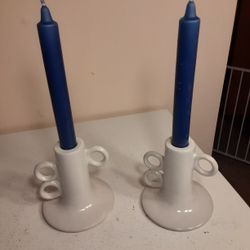 Pair Of White Ceramic Candlesticks with Blue Candles
