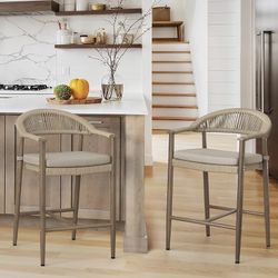 Bar Stools Set of 2. 24.8'' Aluminum Outdoor Bar Stool with Removable Cushion, Boho Rattan BarStools, Olefin Rope Woven Bar Chairs with Footrest for P