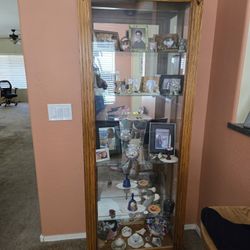 Solid Oak Curio with Glass Shelves & Gliding Front Door