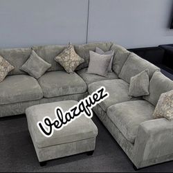 ✅️✅️ 4pc for grey corduroy fabric upholstered sectional sofa with ottoman ✅️✅️