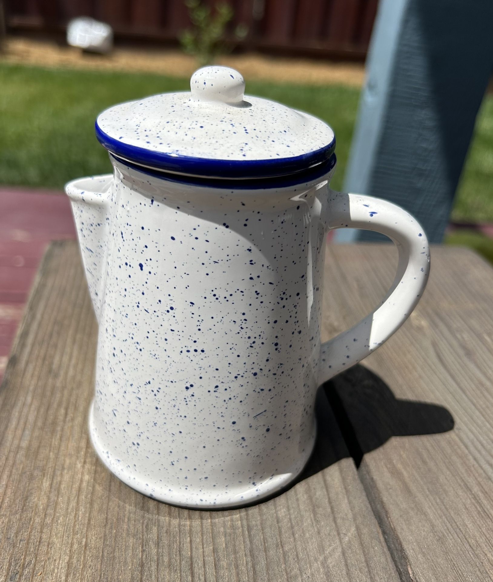 Blue/White Speckled Ceramic Mini Coffee Pot With Lid 