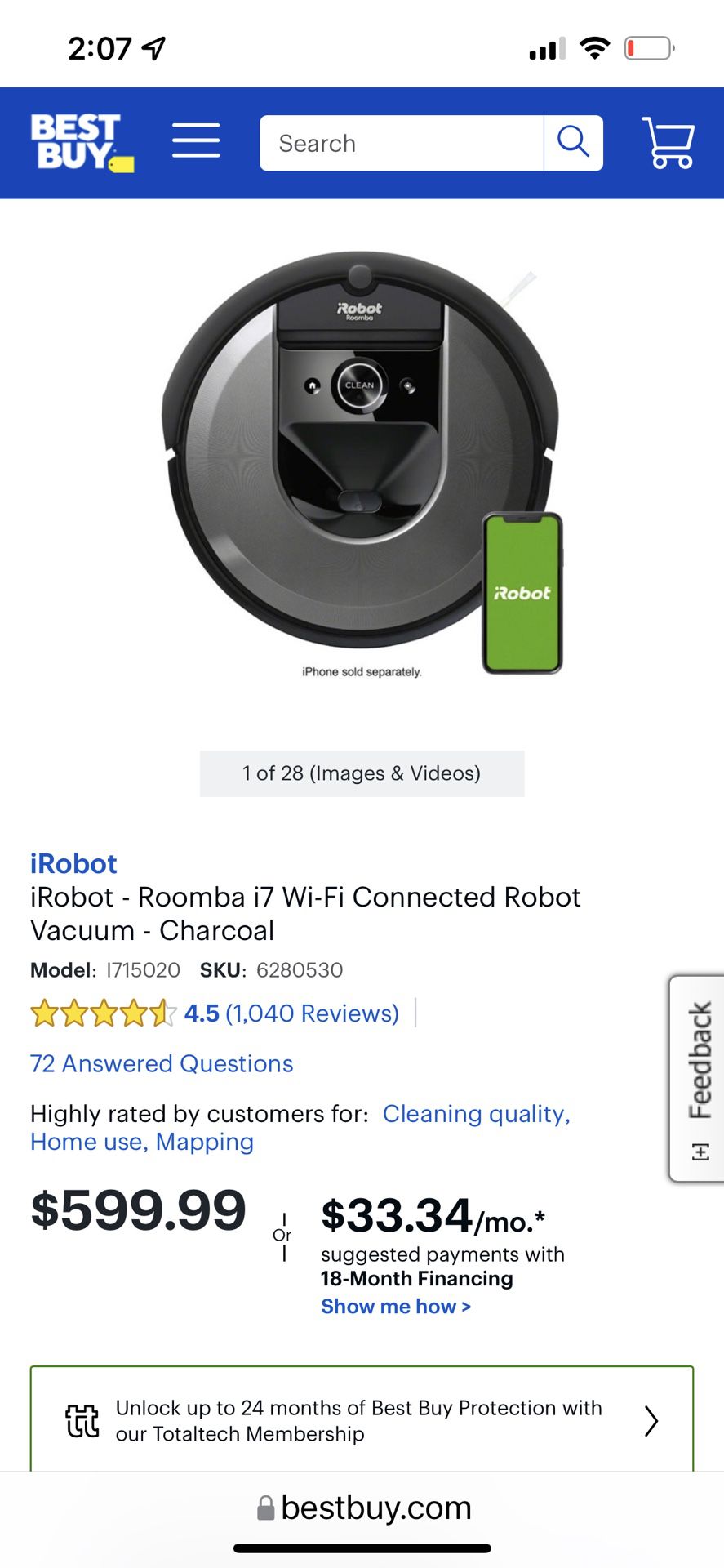 Roomba i7 Wifi Enabled Robotic Vacuum Cleaner 
