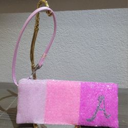 Liz Claiborne Pink Hombre Beaded “A”  Initial Wristlet Coin Purse/Wallet