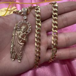 14k Gold Cuban Chain W San Judas 