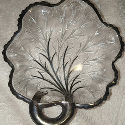 Vintage Glass Silver Overlay Leaf Shaped Trinket Dish With Looped Stem Handle - GUC!