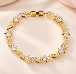 Celestial Sparkle 925 Sterling Silver Gold Floral Bracelet – Elegant Crystal Leaf Bracelet for Women