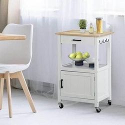 New White Mobile Kitchen Island Cart with Storage Hooks