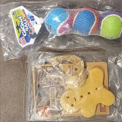 (2) dog set, gigwi 3 ball squeaky toys and a rubber gum gum ginger bread man
