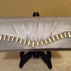 Evening Silver Satin Clutch Bag With Chain And Rhinestones 