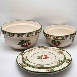 Vintage Cracker Barrel Country Living Kitchen Notions Cherry Mixing Bowls w/ Plates/Lids
